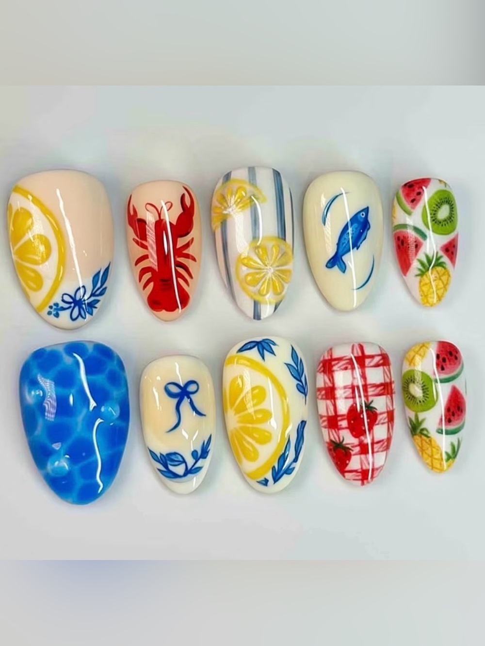 🦞☀️NEW 24 Piece Coastal Ocean Euro Amalfi Short Almond Shape Press On Nails